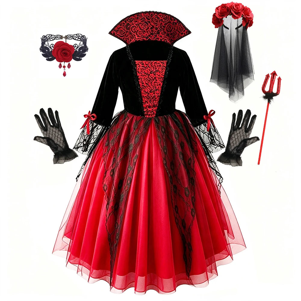 Girls Ghost Bride Halloween Costume Red Lace Dress Kids Horror Phantom Bride Cosplay Gown for Carnival Masquerade Fancy Party