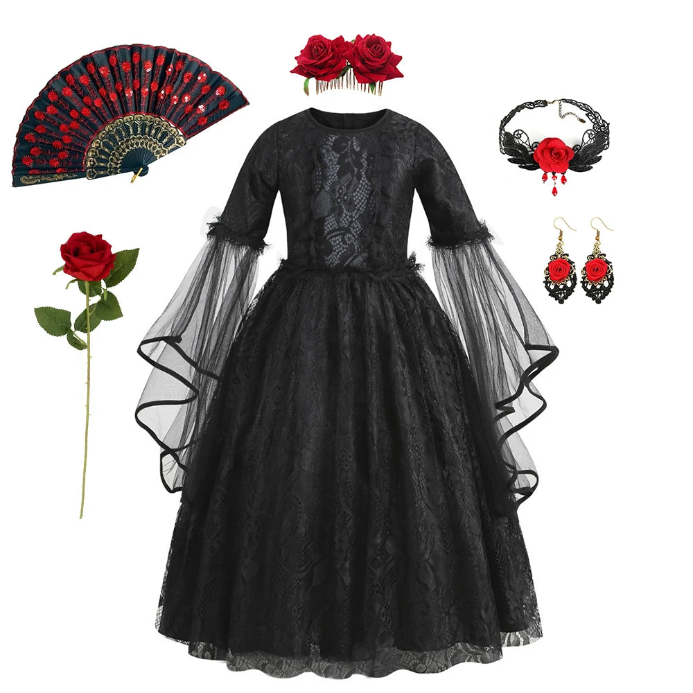 Girls Gothic Vampire Halloween Costume Black Lace Long Dress Rose Hair Jewelry Fan Set Kids Dark Queen Carnival Cosplay Outfit
