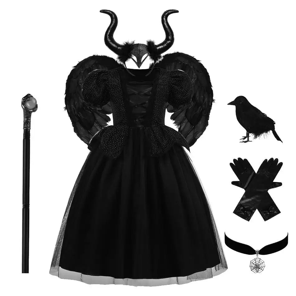 Kids Maleficent Costume Set Girls Evil Queen Outfit Deluxe Black Tulle Dress with Accessories for Carnival Party Role Play