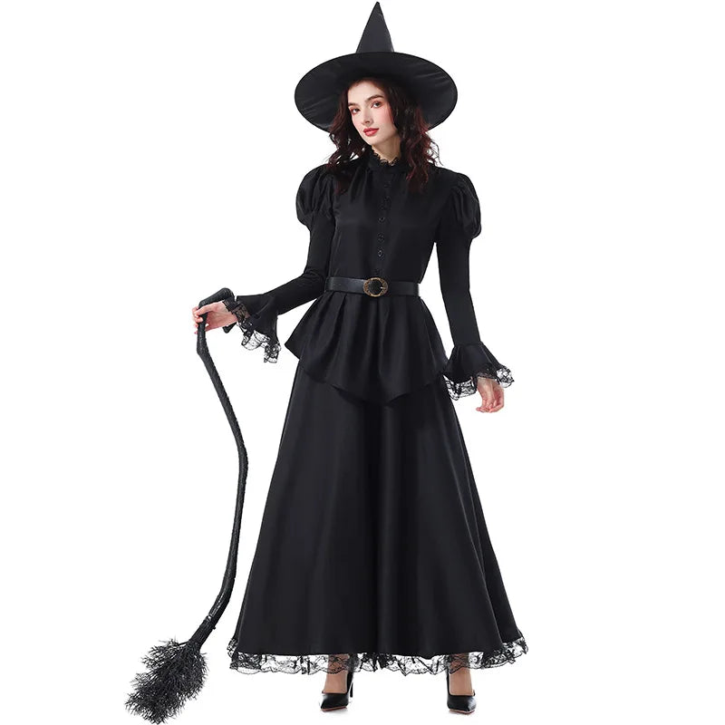 Halloween Witch Costume Women Gothic Lace Dress Sorceress Outfit Party Cosplay Stage Performance Magic Robe Carnival Clothing