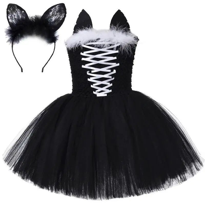 Little Girls' Black Cat Pattern Dresses, Toddler Performance Outfits, Kids' Birthday Party Clothes, Carnival & Halloween Dress