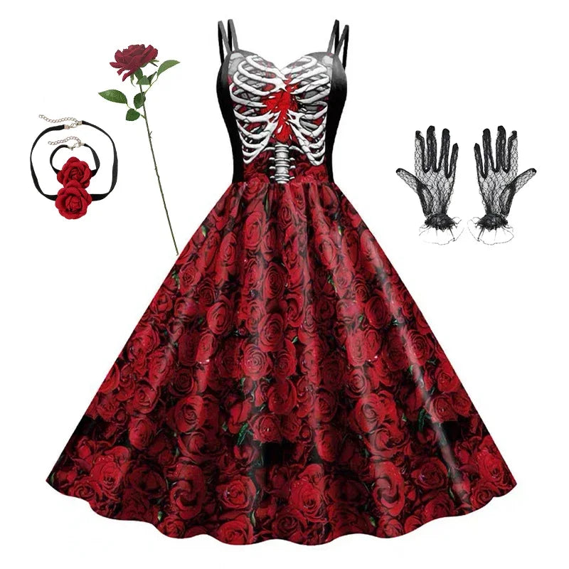 Halloween New Costumes for Women Skull Print Halter Dress Sleeveless Tunic Vintage Party Dresses Goth Clothes Masquerade Vestido