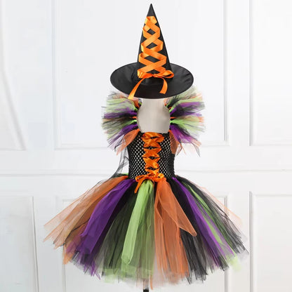 Kids Girls Witch Halloween Costume 3 Color Tulle Tutu Dress With Pointed Witch Hat Children Carnival Party Cosplay Fancy Outfit