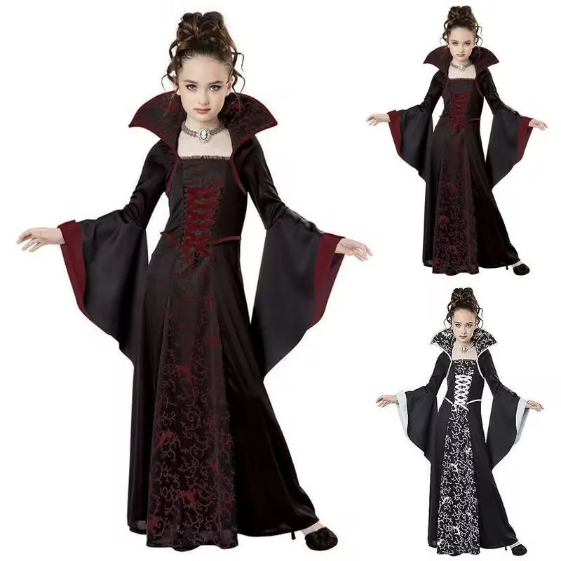 4-12Y Halloween Costume Dress For Girls Fantasy Vampire Costume Kids Witch Cosplay Children's Party Performance Gown Clothing
