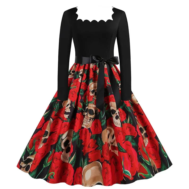 Halloween Dress For Women Square Collar Long Sleeve Print Vintage Evening Party Elegant Autumn Winter Midi Sundress