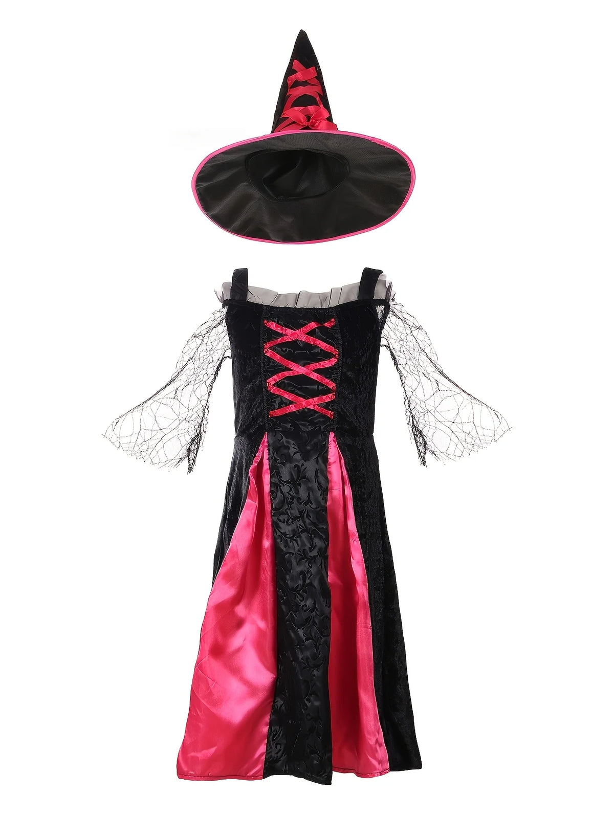 Girls Witch Halloween Costume, set includes dress and pointed hat for Halloween party and role‑play activities.