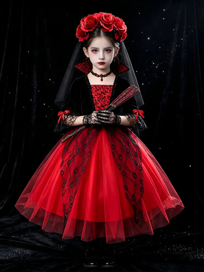 Halloween Girls Gothic Cosplay Dress Kids Dark Party Costume with Veil Gloves Necklace Stockings for Carnival Fancy Dress
