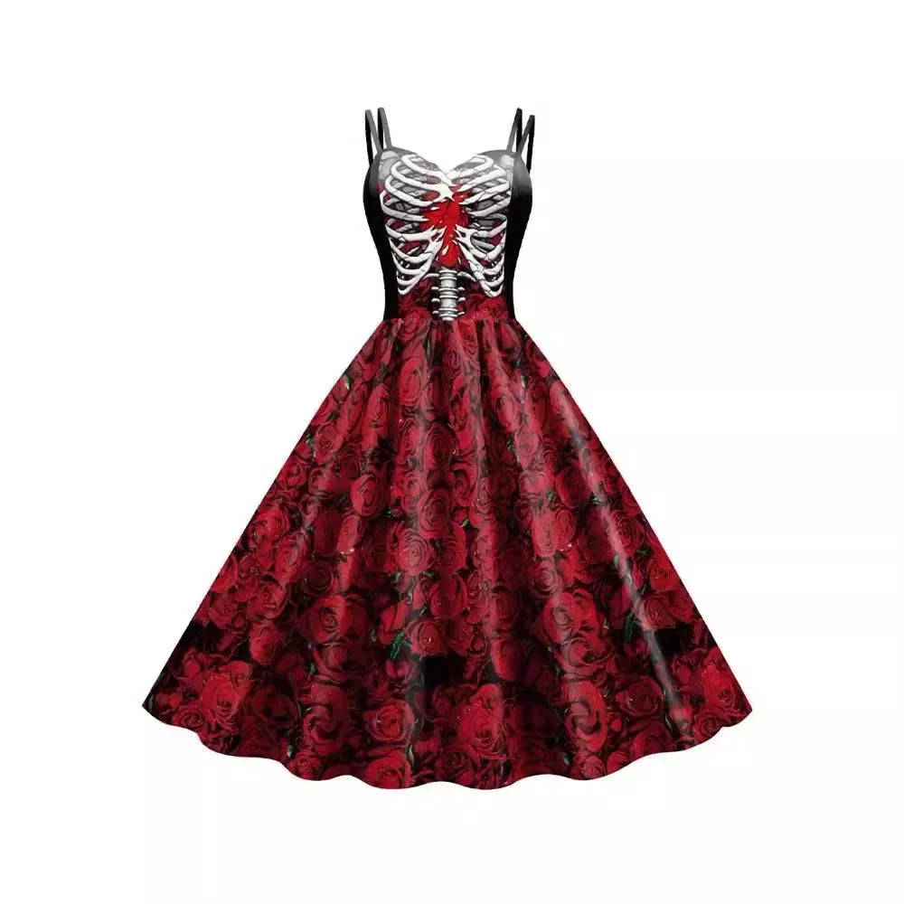 Halloween New Costumes for Women Skull Print Halter Dress Sleeveless Tunic Vintage Party Dresses Goth Clothes Masquerade Vestido