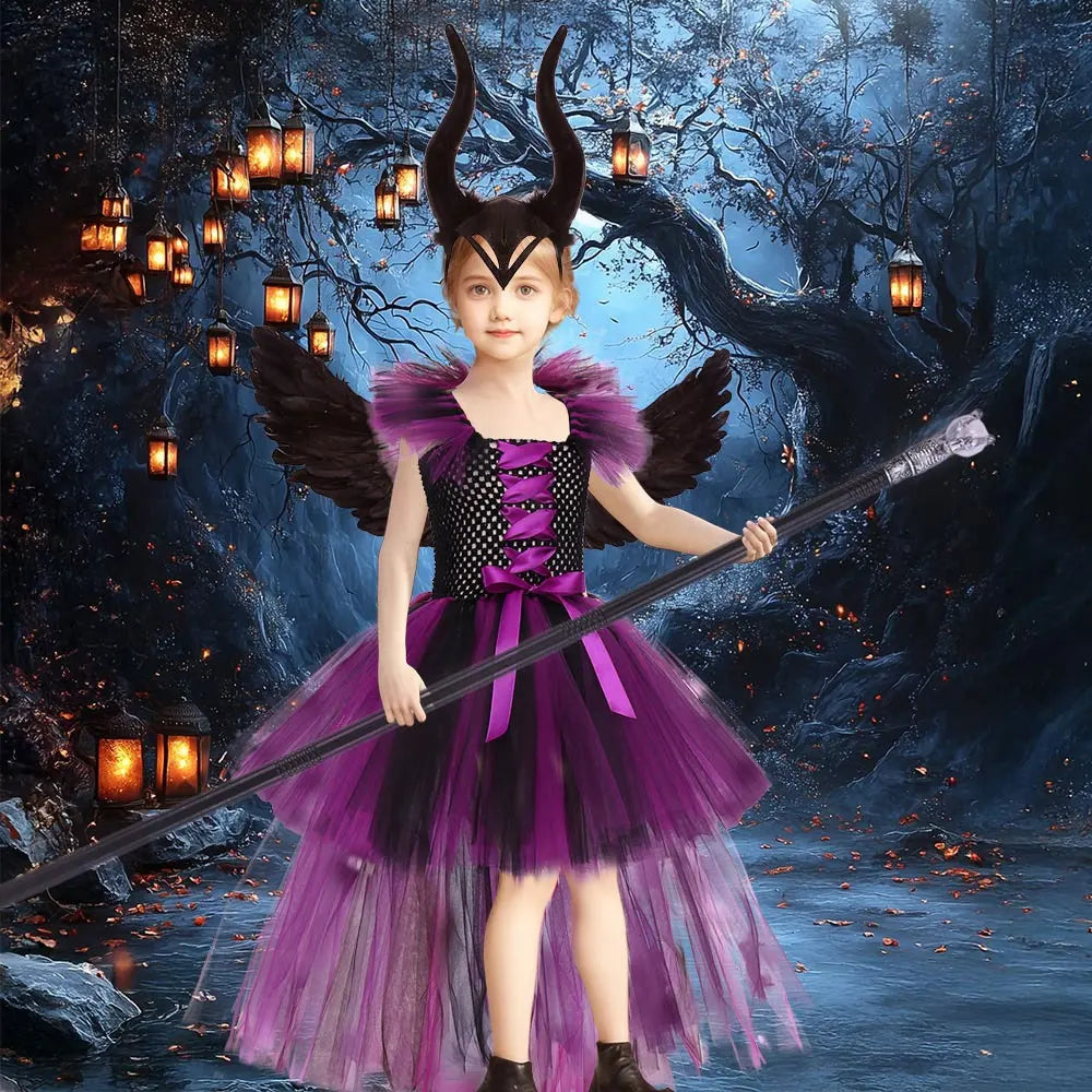 Halloween Girls Deluxe Purple Trailing Mesh Dress Kids Evil Queen Witch Cosplay Costume for Carnival Party Fancy Dress Up