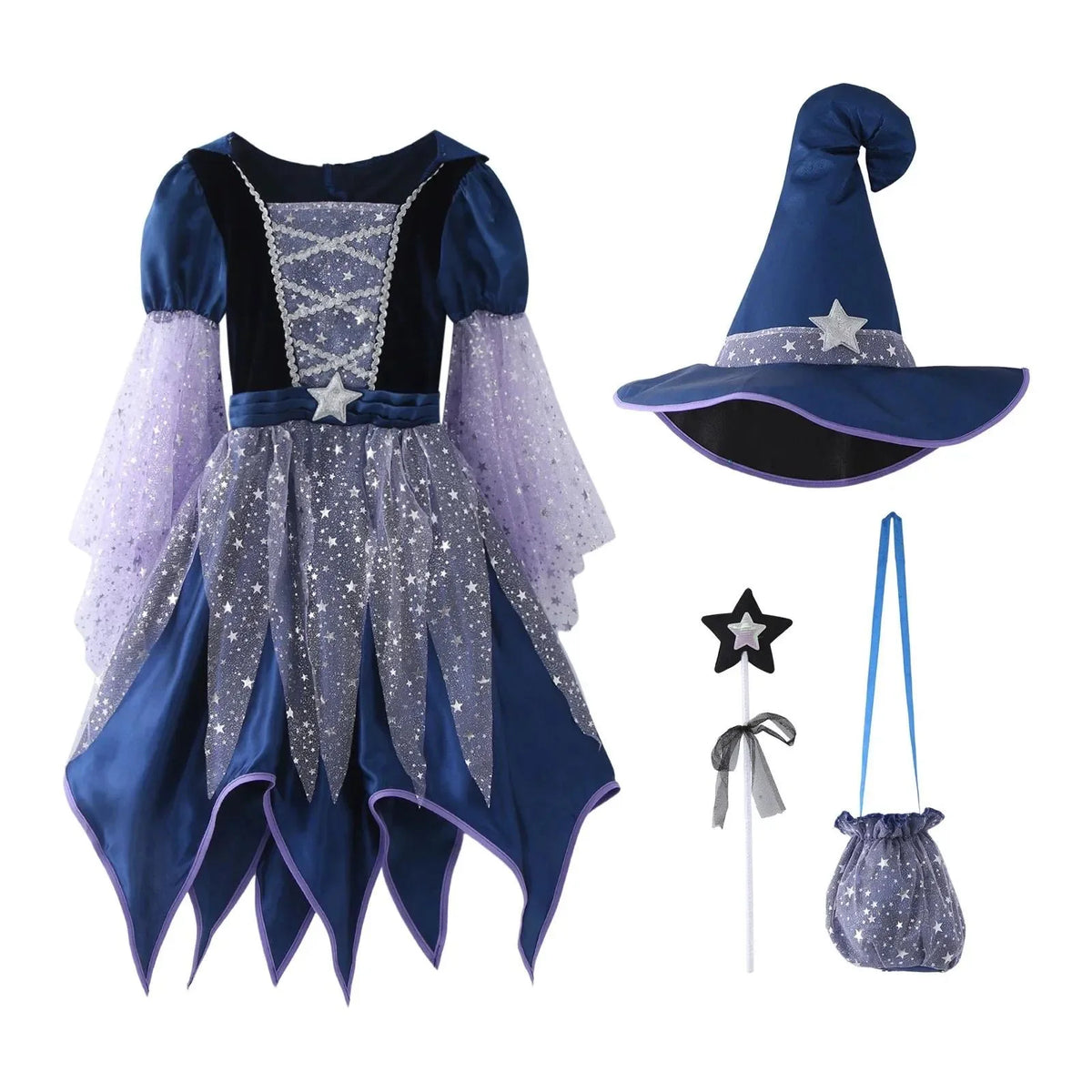 Halloween Girl Plays Witch Blue Cute Dress and Comes With Witch Hat Magic Wand Bag Four-piece Set Birthday Party Carnival Dress