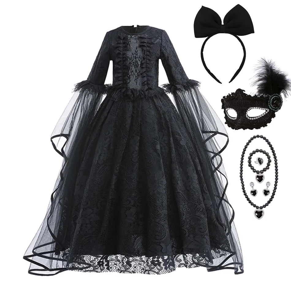 Halloween Dress For Girls Evil Witch Cosplay Costumes Children Lace Ruffles Floor Length Outfits Kids Carnival Festival Frocks