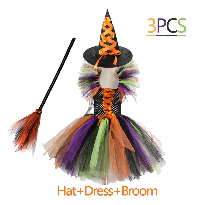Kids Girls Witch Halloween Costume 3 Color Tulle Tutu Dress With Pointed Witch Hat Children Carnival Party Cosplay Fancy Outfit