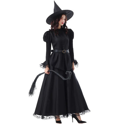 Halloween Witch Costume Women Gothic Lace Dress Sorceress Outfit Party Cosplay Stage Performance Magic Robe Carnival Clothing
