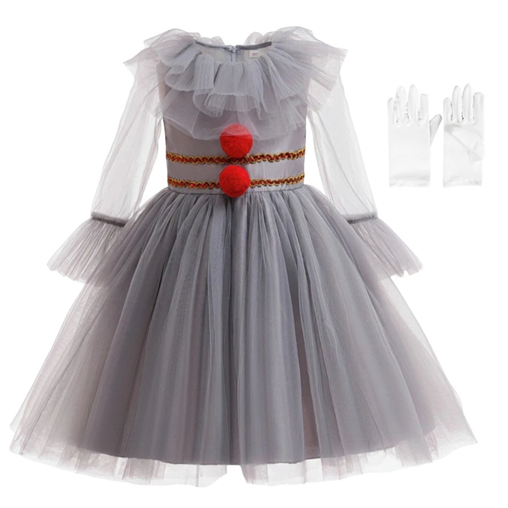 Halloween Costume Girls Gray Tutu Scary Vestidos Joker Dress Kids Cosplay Clown Costume Carnival Party Dress Up