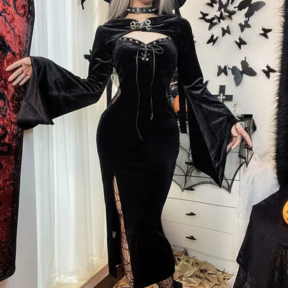 Halloween Costume Women Batwing Sleeve Floor Dress Black Gothic Evil Terror Maxi Mistress Morticia Addam Family Outfit For Adult