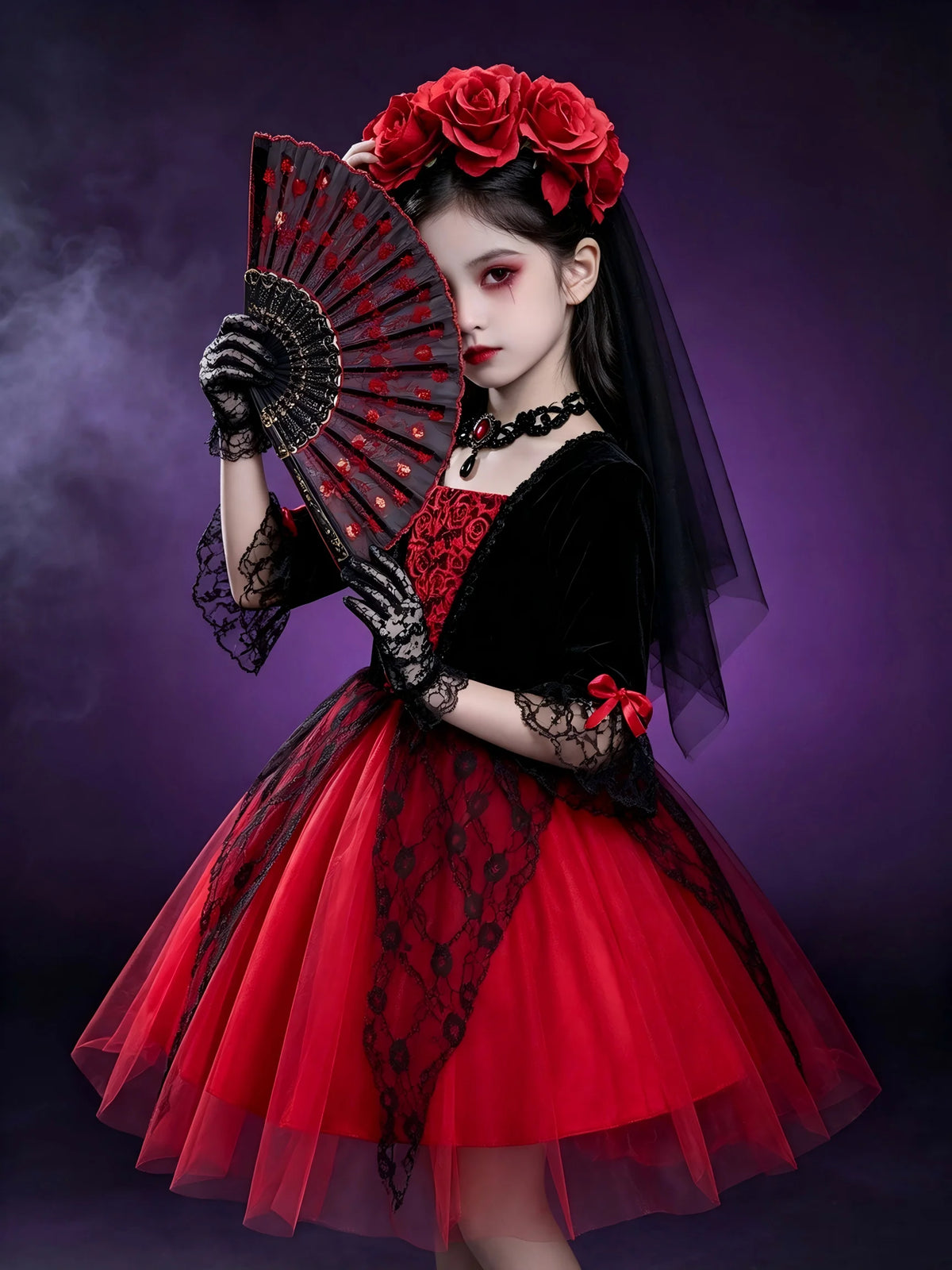 Halloween Girls Gothic Cosplay Dress Kids Dark Party Costume with Veil Gloves Necklace Stockings for Carnival Fancy Dress