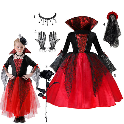 Girls Gothic Vampire Halloween Costume Black Lace Long Dress Rose Hair Jewelry Fan Set Kids Dark Queen Carnival Cosplay Outfit
