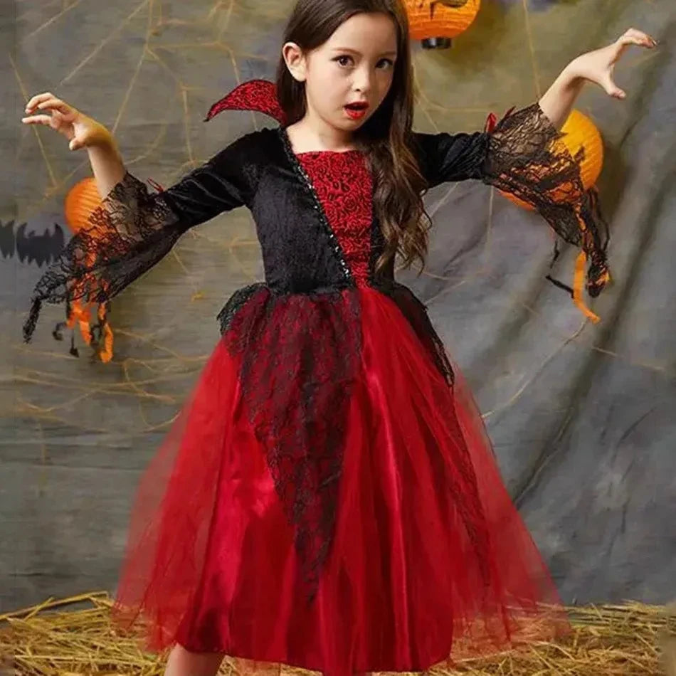 Girls Ghost Bride Halloween Costume Red Lace Dress Kids Horror Phantom Bride Cosplay Gown for Carnival Masquerade Fancy Party