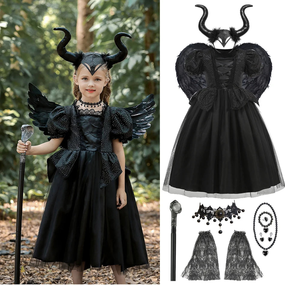 Kids Maleficent Costume Set Girls Evil Queen Outfit Deluxe Black Tulle Dress with Accessories for Carnival Party Role Play