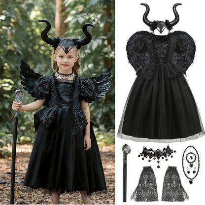 Kids Maleficent Costume Set Girls Evil Queen Outfit Deluxe Black Tulle Dress with Accessories for Carnival Party Role Play