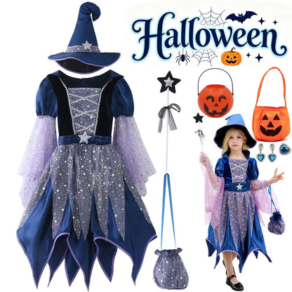 Halloween Girl Plays Witch Blue Cute Dress and Comes With Witch Hat Magic Wand Bag Four-piece Set Birthday Party Carnival Dress