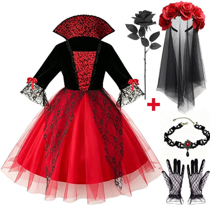 Halloween Girls Gothic Cosplay Dress Kids Dark Party Costume with Veil Gloves Necklace Stockings for Carnival Fancy Dress