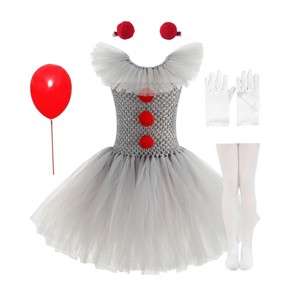 Halloween Costume Girls Gray Tutu Scary Vestidos Joker Dress Kids Cosplay Clown Costume Carnival Party Dress Up