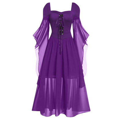 Halloween Witch Cosplay Costumes Gothic Off Shoulder Lace-up Maxi Dresses Bandage Mesh Sheer Black Long Party Dress For Women