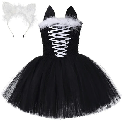 Little Girls' Black Cat Pattern Dresses, Toddler Performance Outfits, Kids' Birthday Party Clothes, Carnival & Halloween Dress