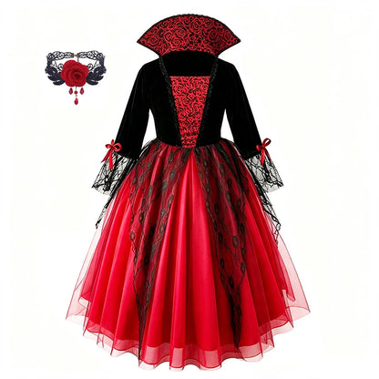 Girls Ghost Bride Halloween Costume Red Lace Dress Kids Horror Phantom Bride Cosplay Gown for Carnival Masquerade Fancy Party