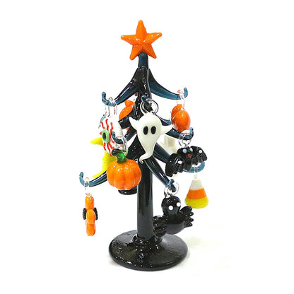 Halloween Decor Cute Glass Tree Figurine Ornaments with Mini Owl Spider Bat Pumpkin Cross Ghost Evil Eye Heart Moon Hat Pendant