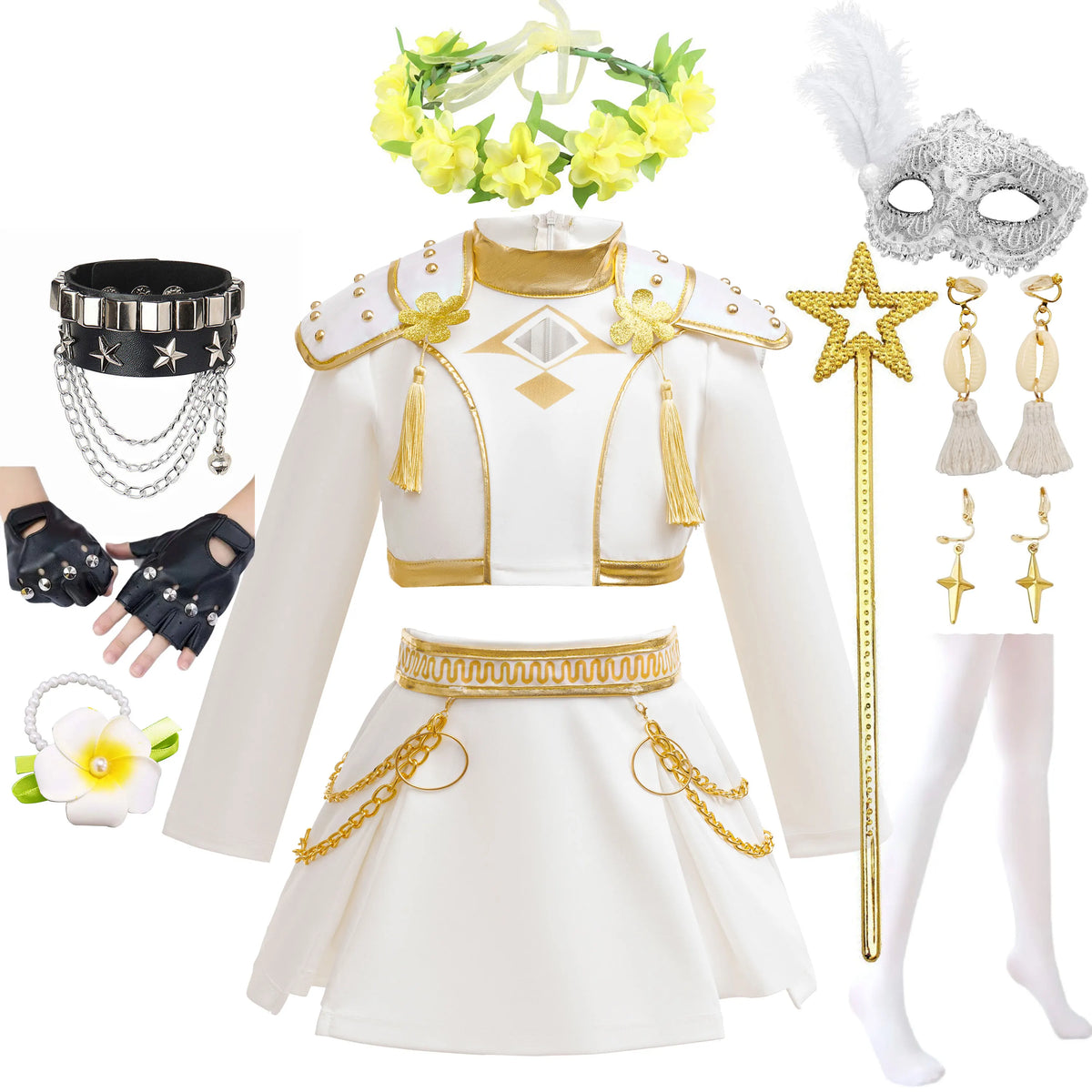 2026 New Halloween Carnival Theme Party Girls Cosplay Fashion Cute White Long Sleeves Dress + Accessories Set 3-10 Years Old