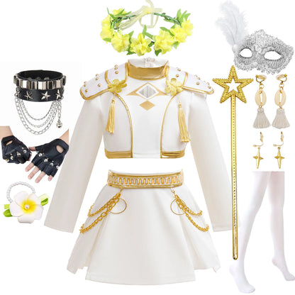 2026 New Halloween Carnival Theme Party Girls Cosplay Fashion Cute White Long Sleeves Dress + Accessories Set 3-10 Years Old
