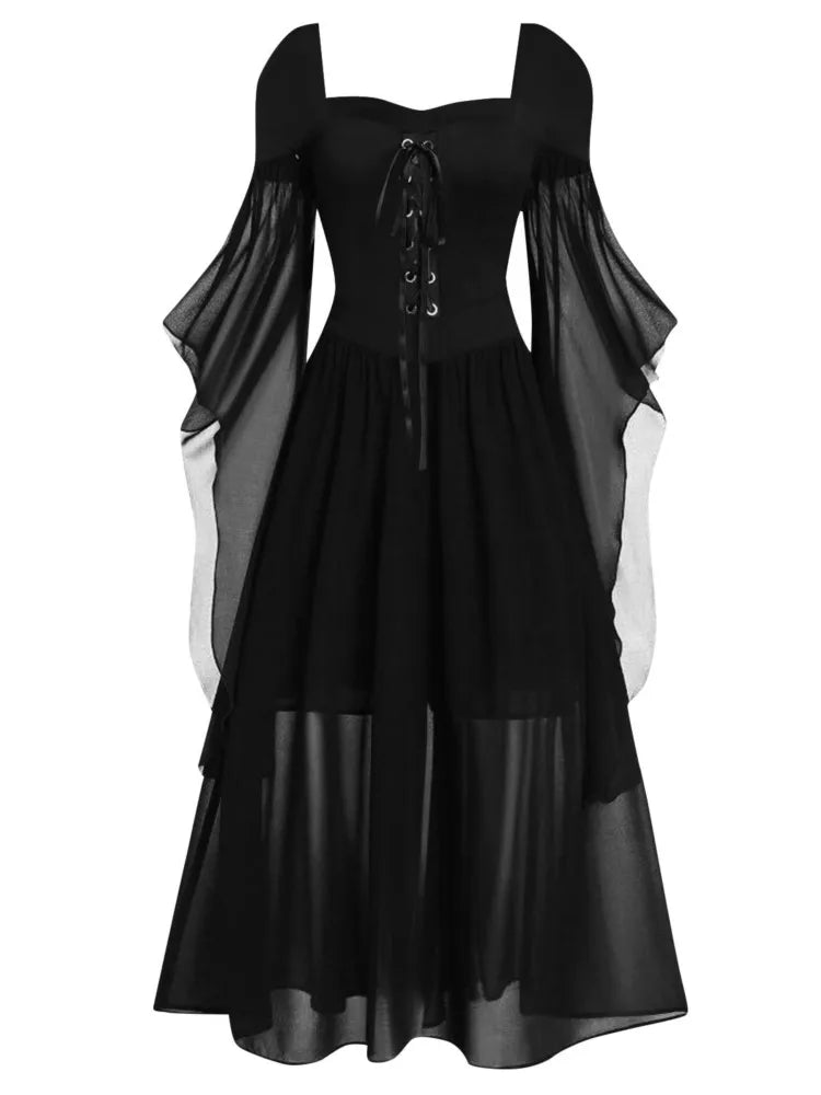 Halloween Witch Cosplay Costumes Gothic Off Shoulder Lace-up Maxi Dresses Bandage Mesh Sheer Black Long Party Dress For Women