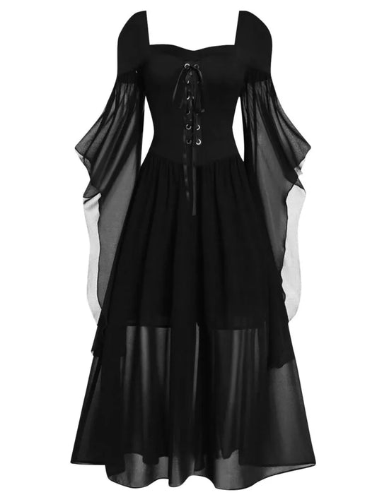 Halloween Witch Cosplay Costumes Gothic Off Shoulder Lace-up Maxi Dresses Bandage Mesh Sheer Black Long Party Dress For Women