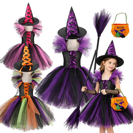 Kids Girls Witch Halloween Costume 3 Color Tulle Tutu Dress With Pointed Witch Hat Children Carnival Party Cosplay Fancy Outfit