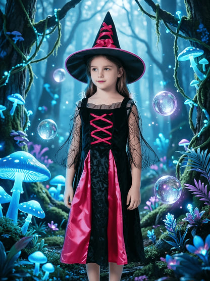 Girls Witch Halloween Costume, set includes dress and pointed hat for Halloween party and role‑play activities.