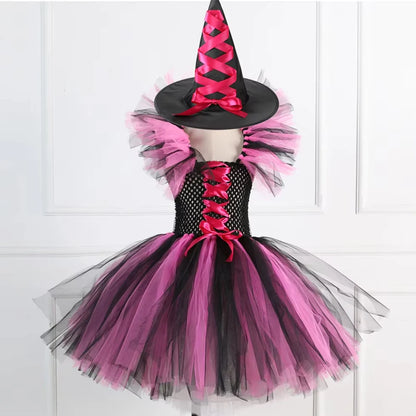 Kids Girls Witch Halloween Costume 3 Color Tulle Tutu Dress With Pointed Witch Hat Children Carnival Party Cosplay Fancy Outfit