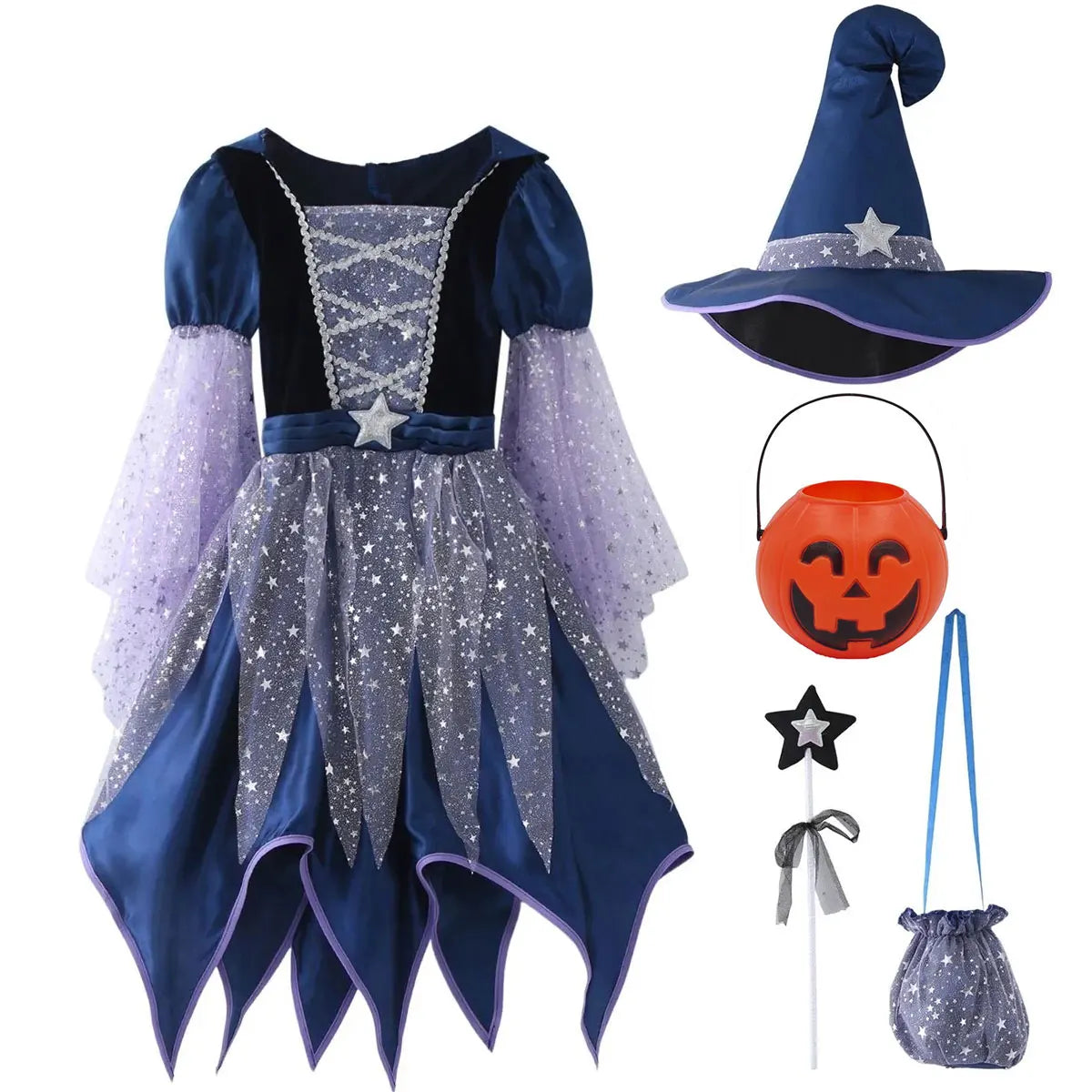Halloween Girl Plays Witch Blue Cute Dress and Comes With Witch Hat Magic Wand Bag Four-piece Set Birthday Party Carnival Dress