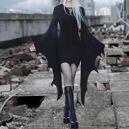 Halloween Dress Long Batwing Sleeve Solid Color Dark Style Irregular Cuff Lace Up Sheath Knee Length Halloween Party Costume