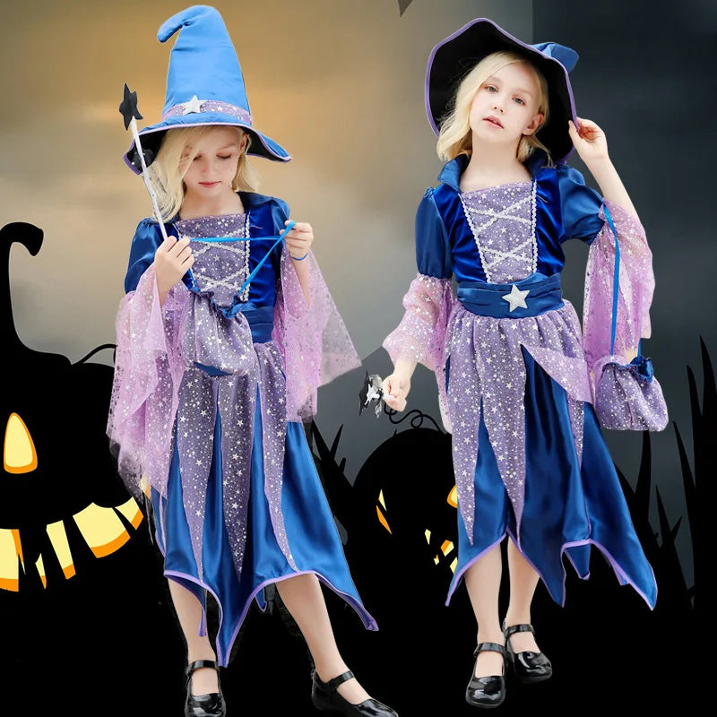 Halloween Girl Plays Witch Blue Cute Dress and Comes With Witch Hat Magic Wand Bag Four-piece Set Birthday Party Carnival Dress