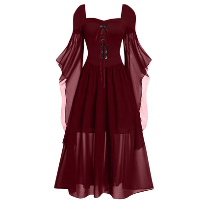 Halloween Witch Cosplay Costumes Gothic Off Shoulder Lace-up Maxi Dresses Bandage Mesh Sheer Black Long Party Dress For Women