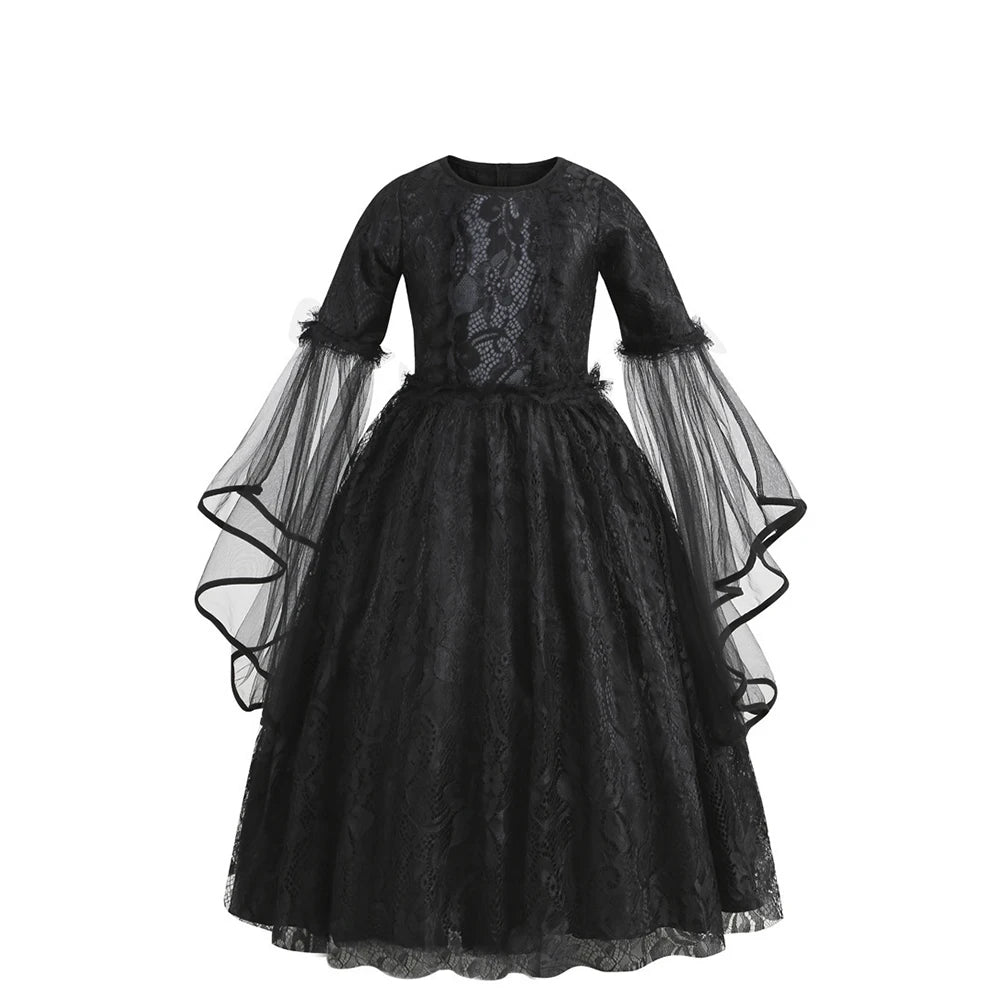 Girls Gothic Vampire Halloween Costume Black Lace Long Dress Rose Hair Jewelry Fan Set Kids Dark Queen Carnival Cosplay Outfit