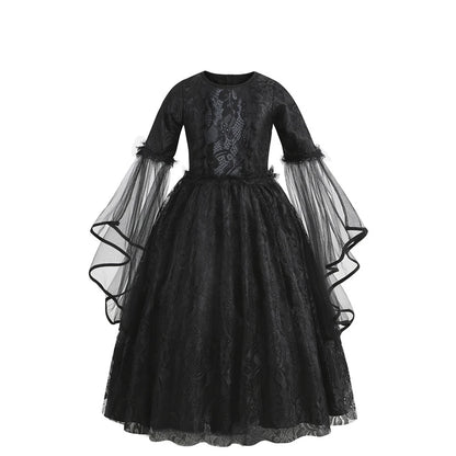 Girls Gothic Vampire Halloween Costume Black Lace Long Dress Rose Hair Jewelry Fan Set Kids Dark Queen Carnival Cosplay Outfit