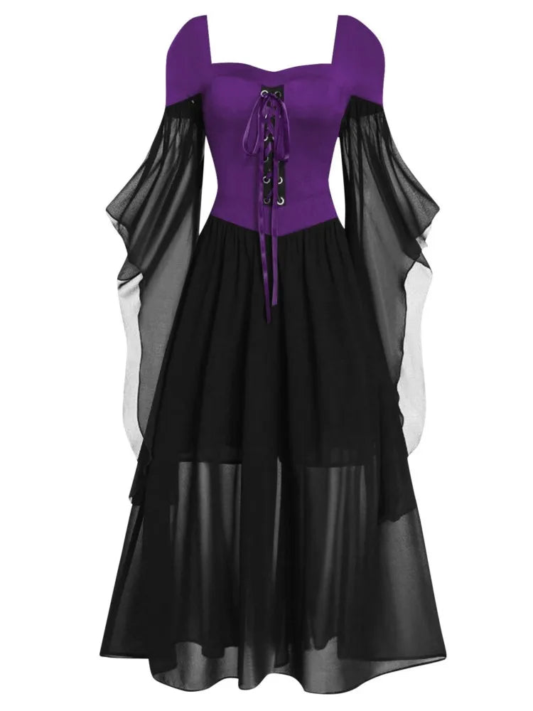 Halloween Witch Cosplay Costumes Gothic Off Shoulder Lace-up Maxi Dresses Bandage Mesh Sheer Black Long Party Dress For Women