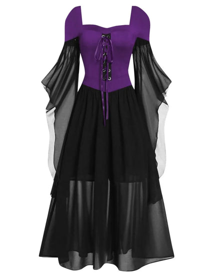 Halloween Witch Cosplay Costumes Gothic Off Shoulder Lace-up Maxi Dresses Bandage Mesh Sheer Black Long Party Dress For Women