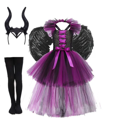 Halloween Girls Deluxe Purple Trailing Mesh Dress Kids Evil Queen Witch Cosplay Costume for Carnival Party Fancy Dress Up