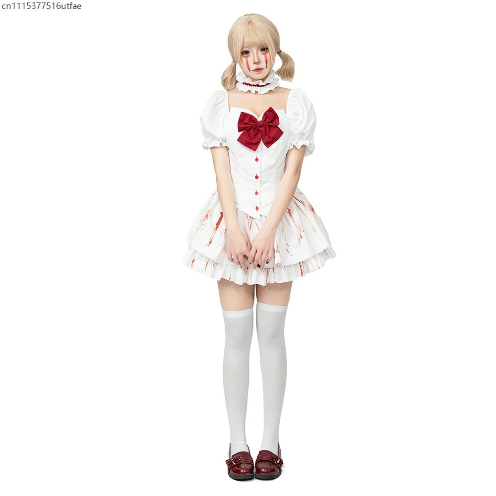 Halloween Horror Party Outfit Womens Gothic Bloody Doll Lolita Maid Outfit Role Play Masquerade Cosplay Performance Costume