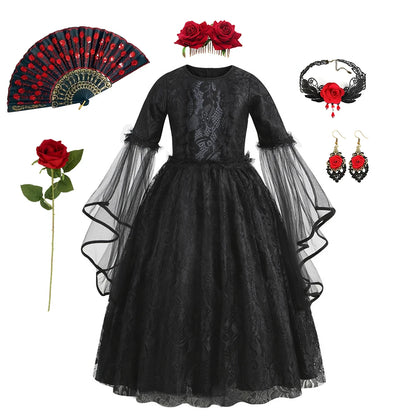 Girls Gothic Vampire Halloween Costume Black Lace Long Dress Rose Hair Jewelry Fan Set Kids Dark Queen Carnival Cosplay Outfit