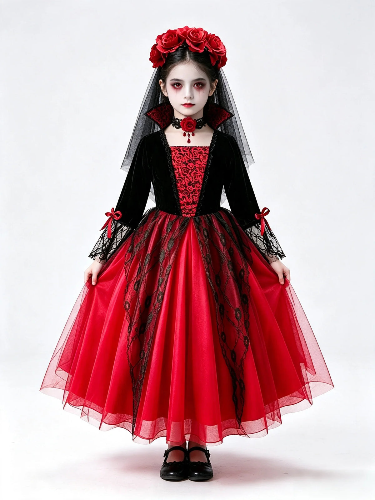 Girls Ghost Bride Halloween Costume Red Lace Dress Kids Horror Phantom Bride Cosplay Gown for Carnival Masquerade Fancy Party